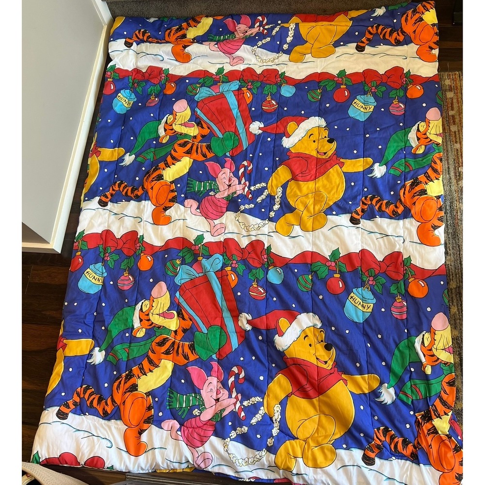Vintage Winnie the Pooh Christmas Quilted Blanket Tigger Piglet 83 Tall 61 Wide
